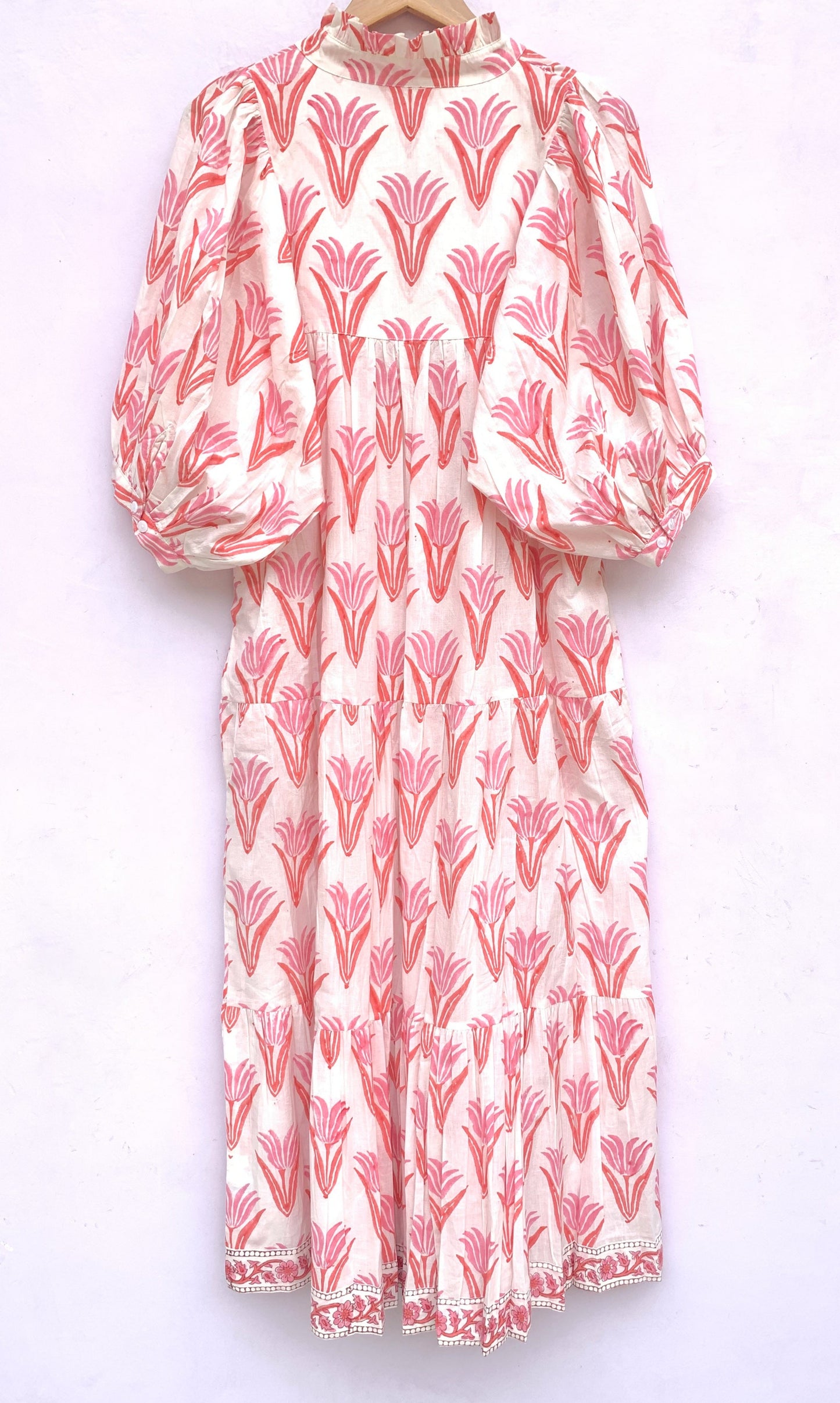 summer orange pink floral hand block printed women's maxi dress