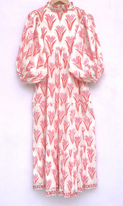 summer orange pink floral hand block printed women's maxi dress