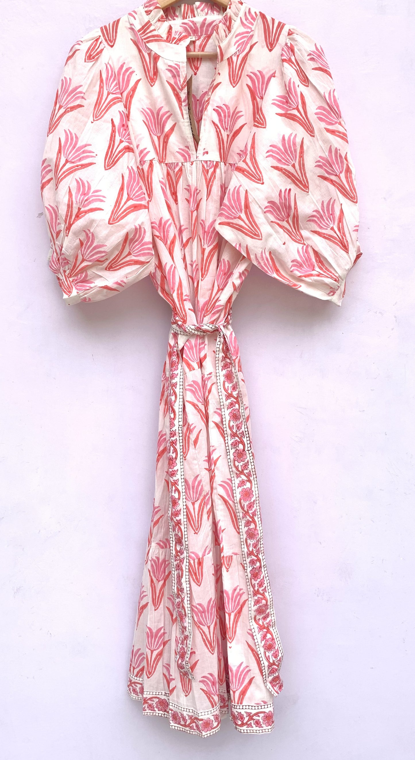 summer orange pink floral hand block printed women's maxi dress