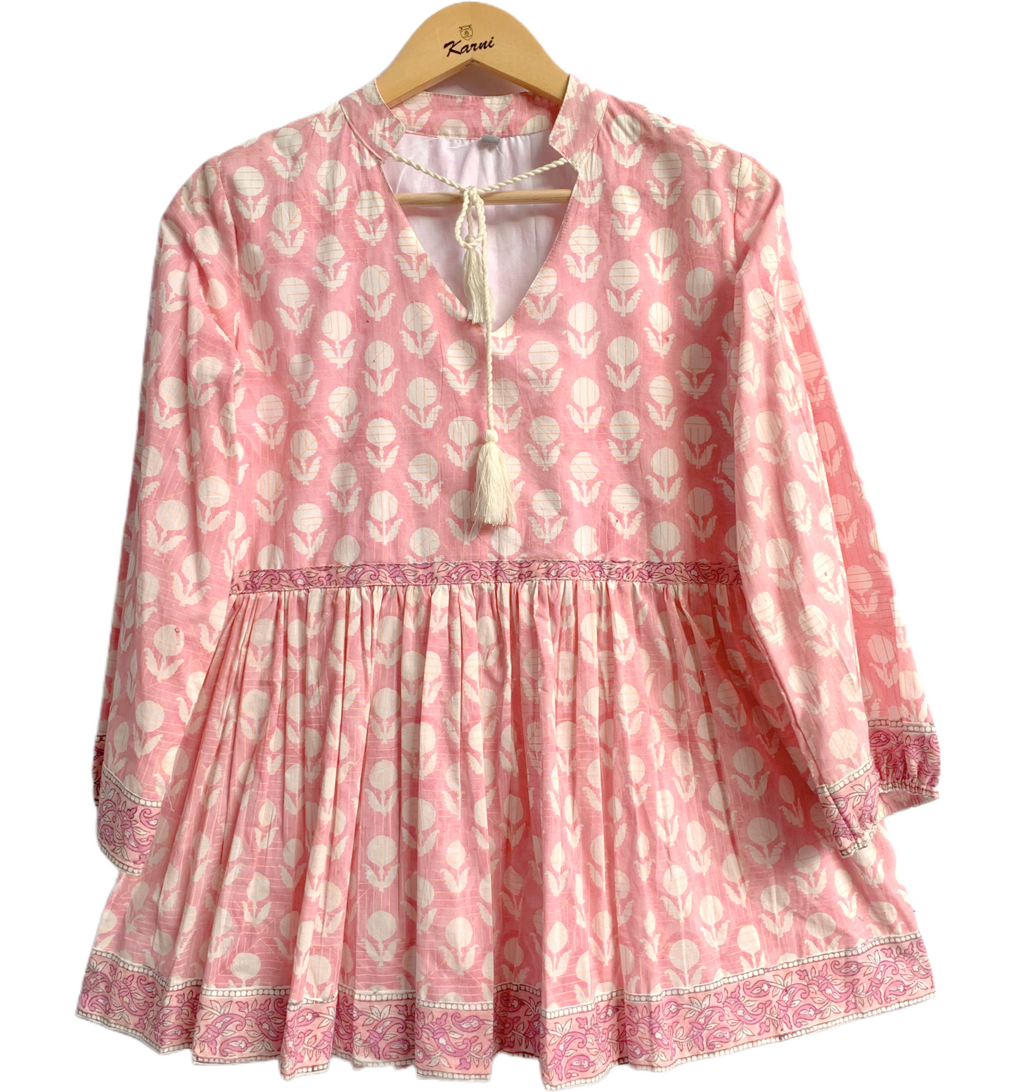 Pink Hand Block Print Cotton Tunic Top – Boho Long Sleeve Blouse