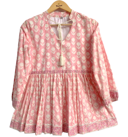 Pink Hand Block Print Cotton Tunic Top – Boho Long Sleeve Blouse
