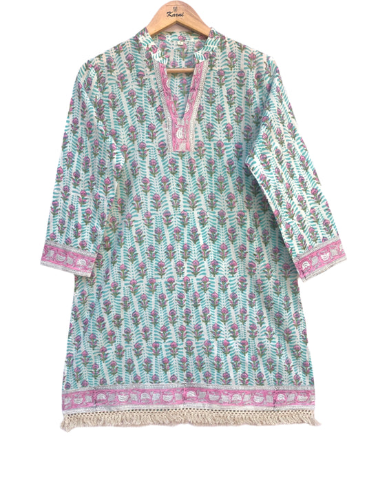summer blue and pink cotton blouse with lace