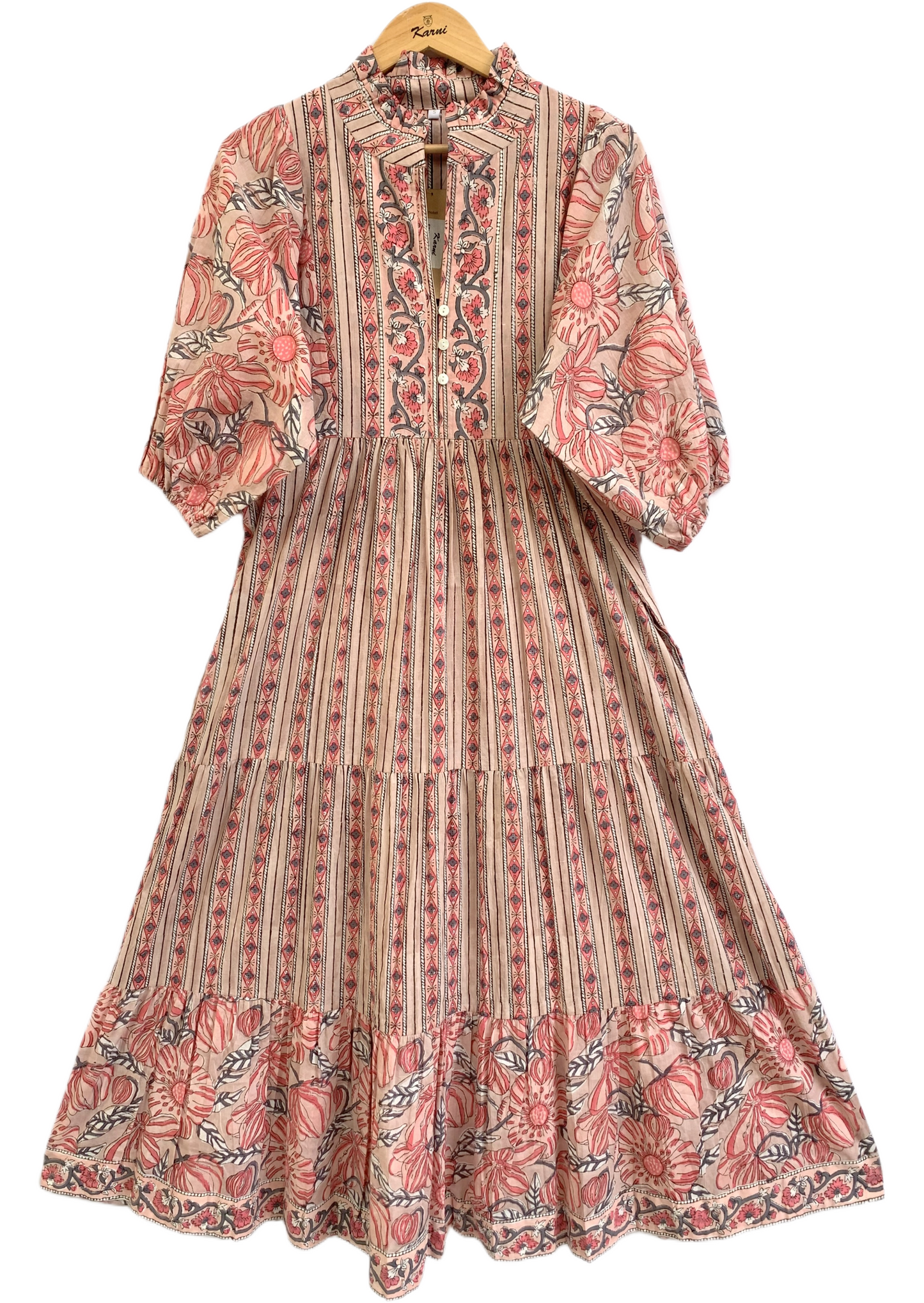 Peach Beige Floral Hand Block Print Cotton Maxi Dress – Boho Indian Tiered Dress