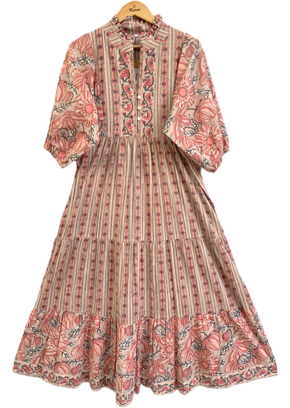 Peach Beige Floral Hand Block Print Cotton Maxi Dress – Boho Indian Tiered Dress