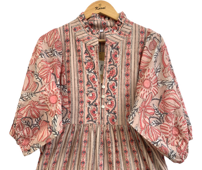 Peach Beige Floral Hand Block Print Cotton Maxi Dress – Boho Indian Tiered Dress