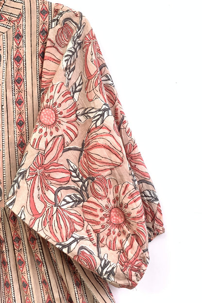 Peach Beige Floral Hand Block Print Cotton Maxi Dress – Boho Indian Tiered Dress