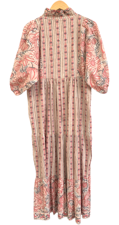 Peach Beige Floral Hand Block Print Cotton Maxi Dress – Boho Indian Tiered Dress