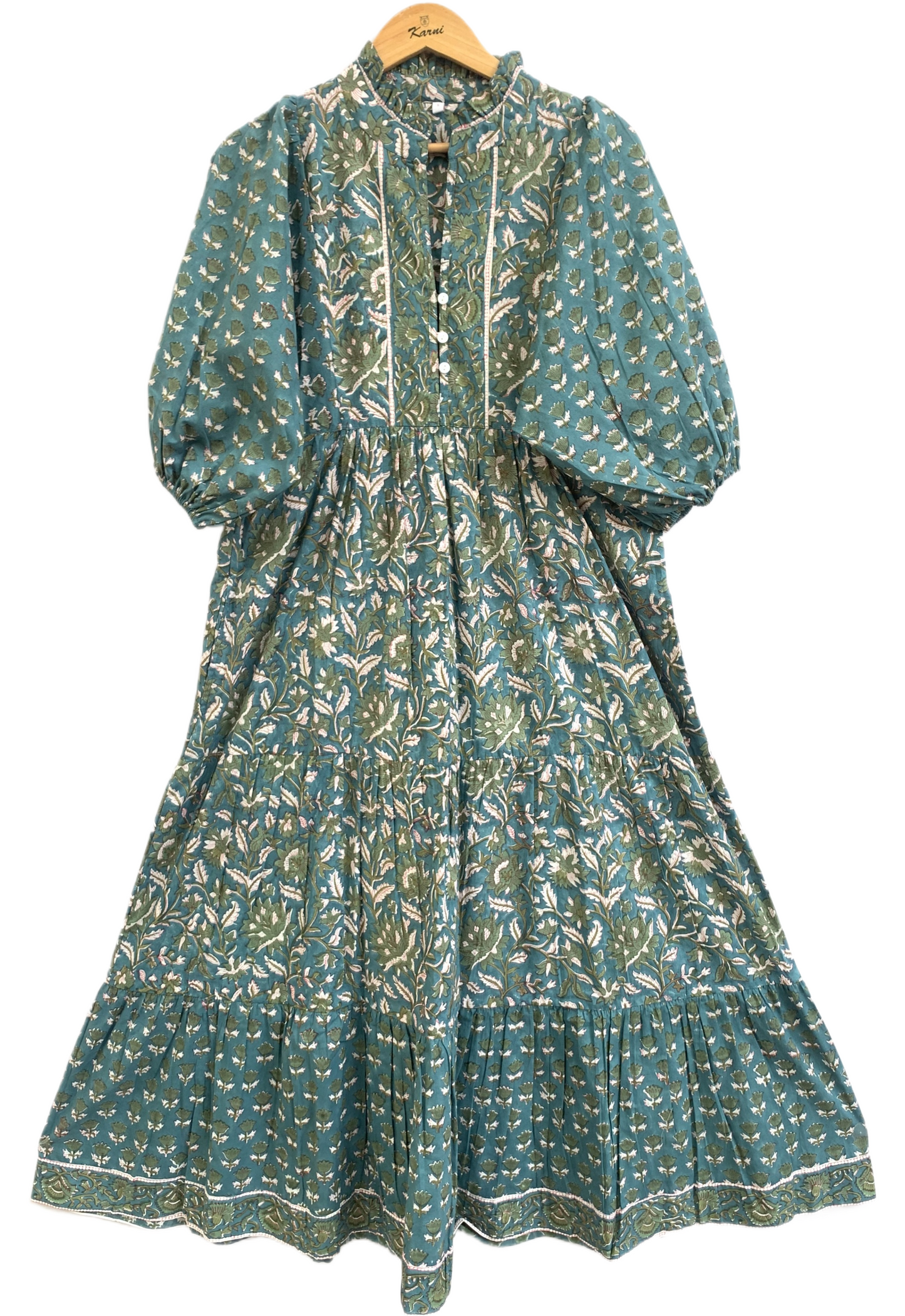 Teal Green Floral Hand Block Print Cotton Maxi Dress – Boho Tiered Indian Artisan Dress with Puff Sleeves