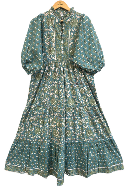 Teal Green Floral Hand Block Print Cotton Maxi Dress – Boho Tiered Indian Artisan Dress with Puff Sleeves
