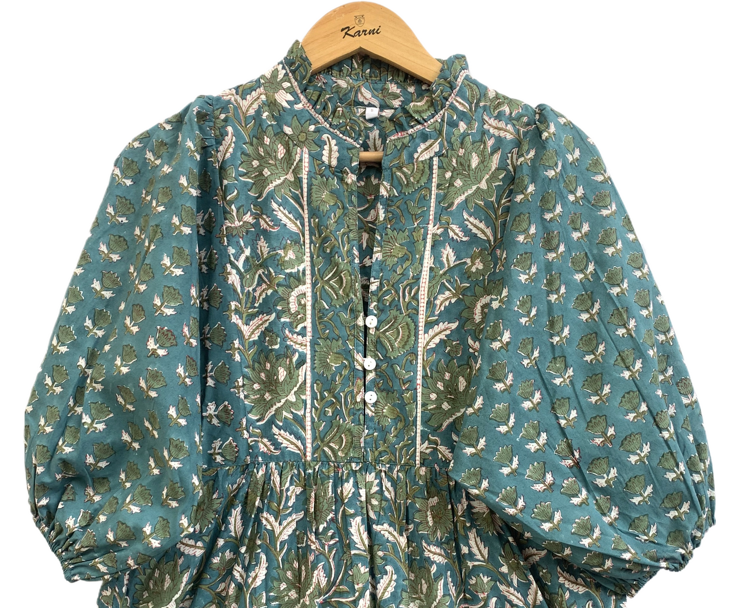 Teal Green Floral Hand Block Print Cotton Maxi Dress – Boho Tiered Indian Artisan Dress with Puff Sleeves