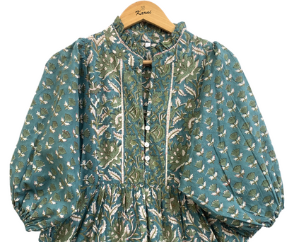 Teal Green Floral Hand Block Print Cotton Maxi Dress – Boho Tiered Indian Artisan Dress with Puff Sleeves