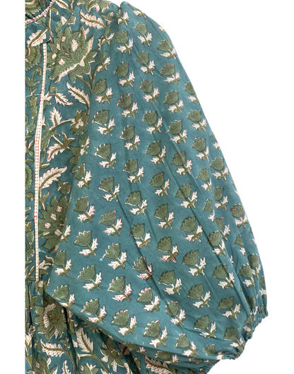 Teal Green Floral Hand Block Print Cotton Maxi Dress – Boho Tiered Indian Artisan Dress with Puff Sleeves
