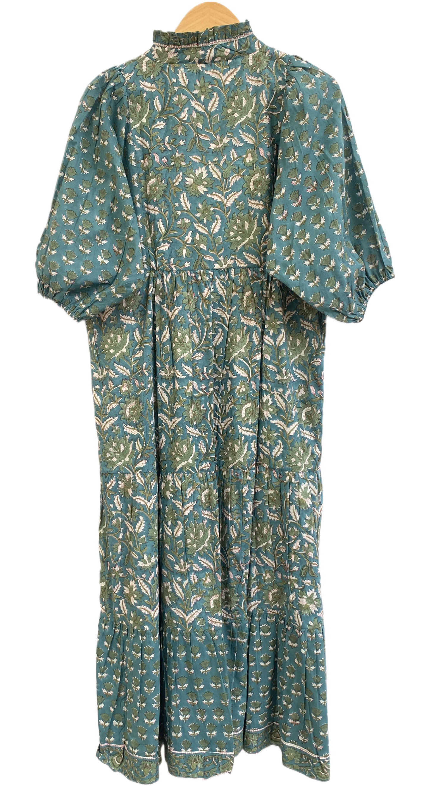 Teal Green Floral Hand Block Print Cotton Maxi Dress – Boho Tiered Indian Artisan Dress with Puff Sleeves