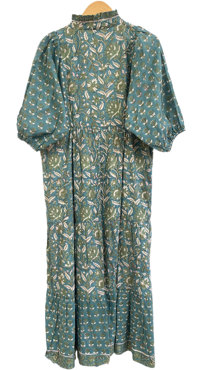 Teal Green Floral Hand Block Print Cotton Maxi Dress – Boho Tiered Indian Artisan Dress with Puff Sleeves