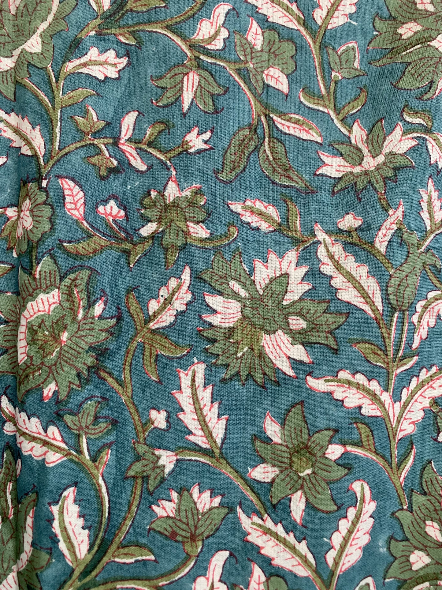 Teal Green Floral Hand Block Print Cotton Maxi Dress – Boho Tiered Indian Artisan Dress with Puff Sleeves