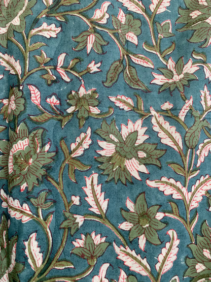 Teal Green Floral Hand Block Print Cotton Maxi Dress – Boho Tiered Indian Artisan Dress with Puff Sleeves