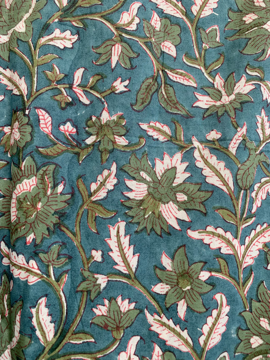 Teal Green Floral Hand Block Print Cotton Maxi Dress – Boho Tiered Indian Artisan Dress with Puff Sleeves