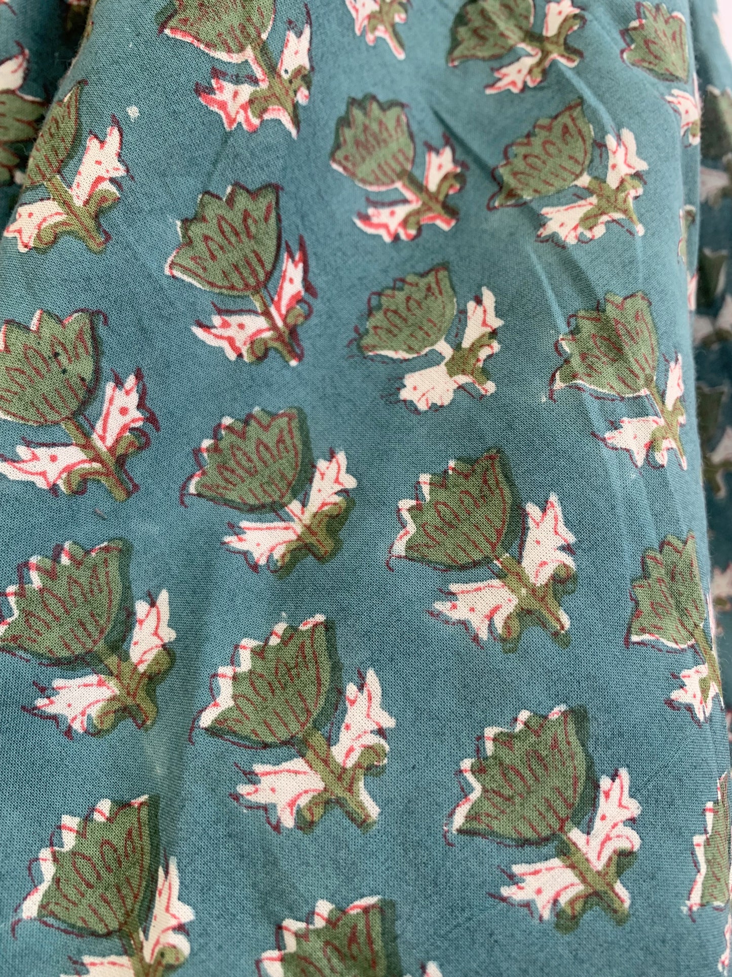 Teal Green Floral Hand Block Print Cotton Maxi Dress – Boho Tiered Indian Artisan Dress with Puff Sleeves