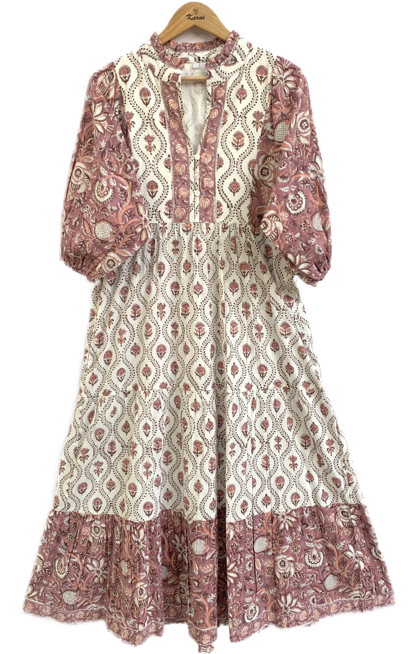 Cream & Dusty Rose Floral Hand Block Print Cotton Maxi Dress – Boho Indian Tiered Dress
