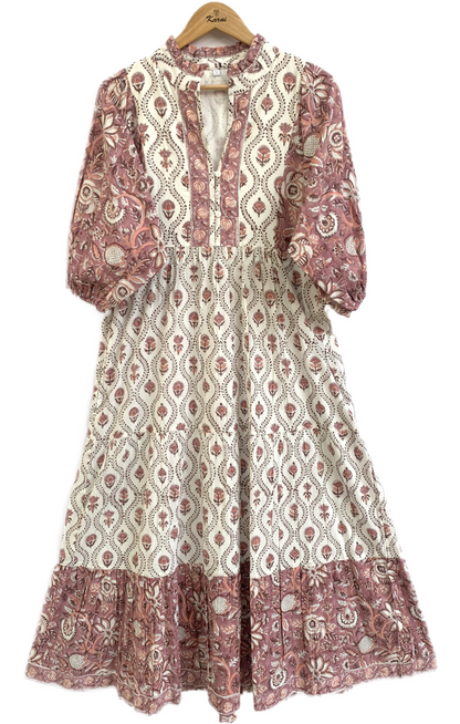 Cream & Dusty Rose Floral Hand Block Print Cotton Maxi Dress – Boho Indian Tiered Dress