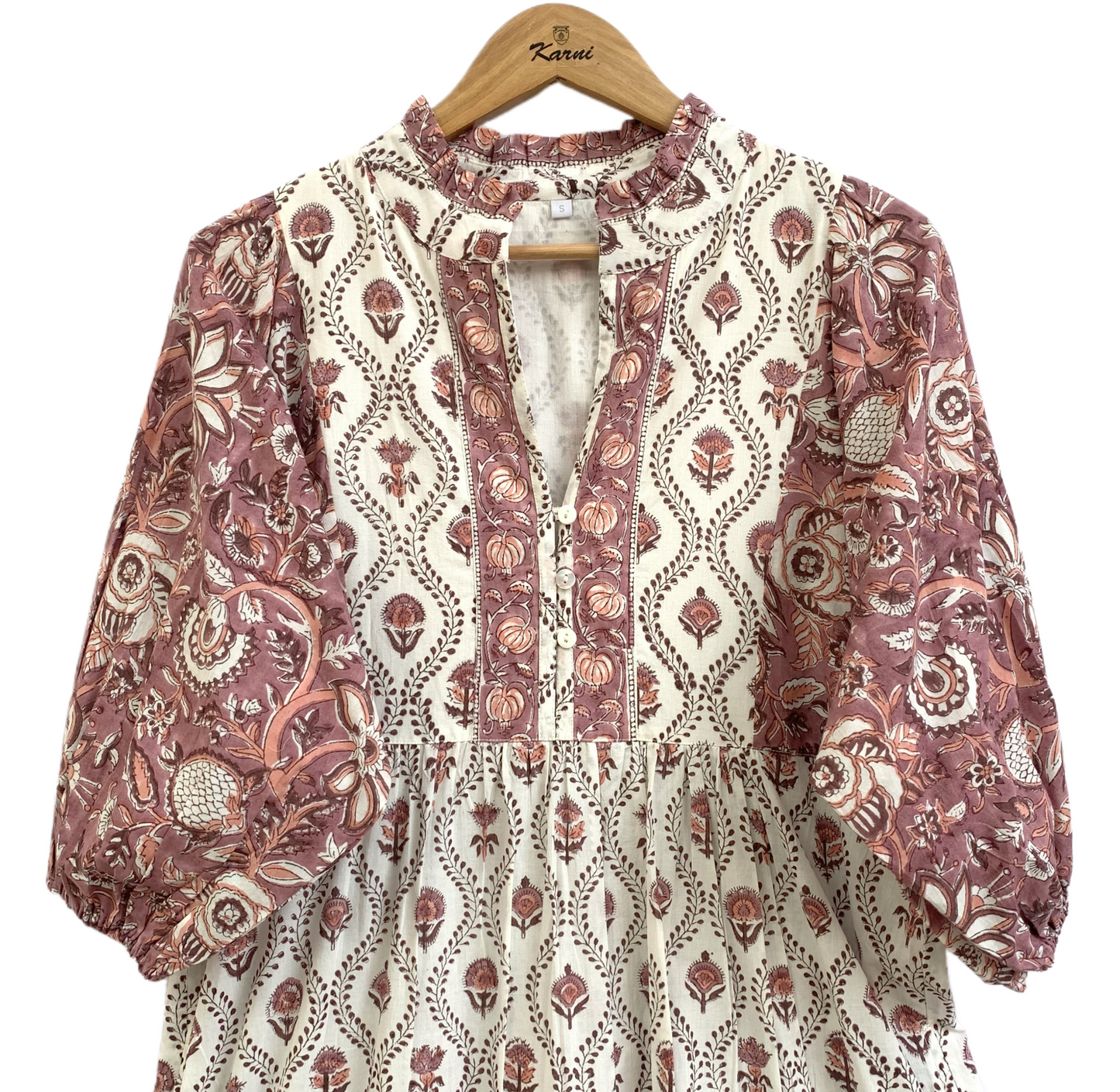 Cream & Dusty Rose Floral Hand Block Print Cotton Maxi Dress – Boho Indian Tiered Dress