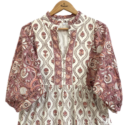 Cream & Dusty Rose Floral Hand Block Print Cotton Maxi Dress – Boho Indian Tiered Dress