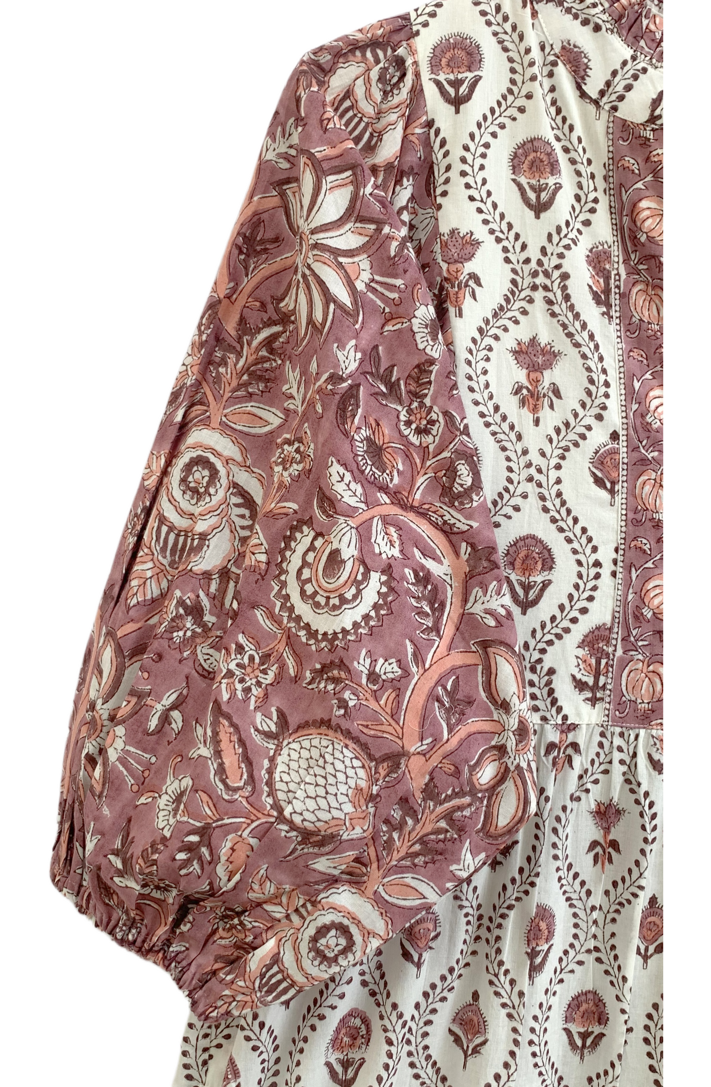 Cream & Dusty Rose Floral Hand Block Print Cotton Maxi Dress – Boho Indian Tiered Dress