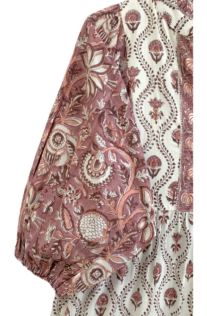 Cream & Dusty Rose Floral Hand Block Print Cotton Maxi Dress – Boho Indian Tiered Dress