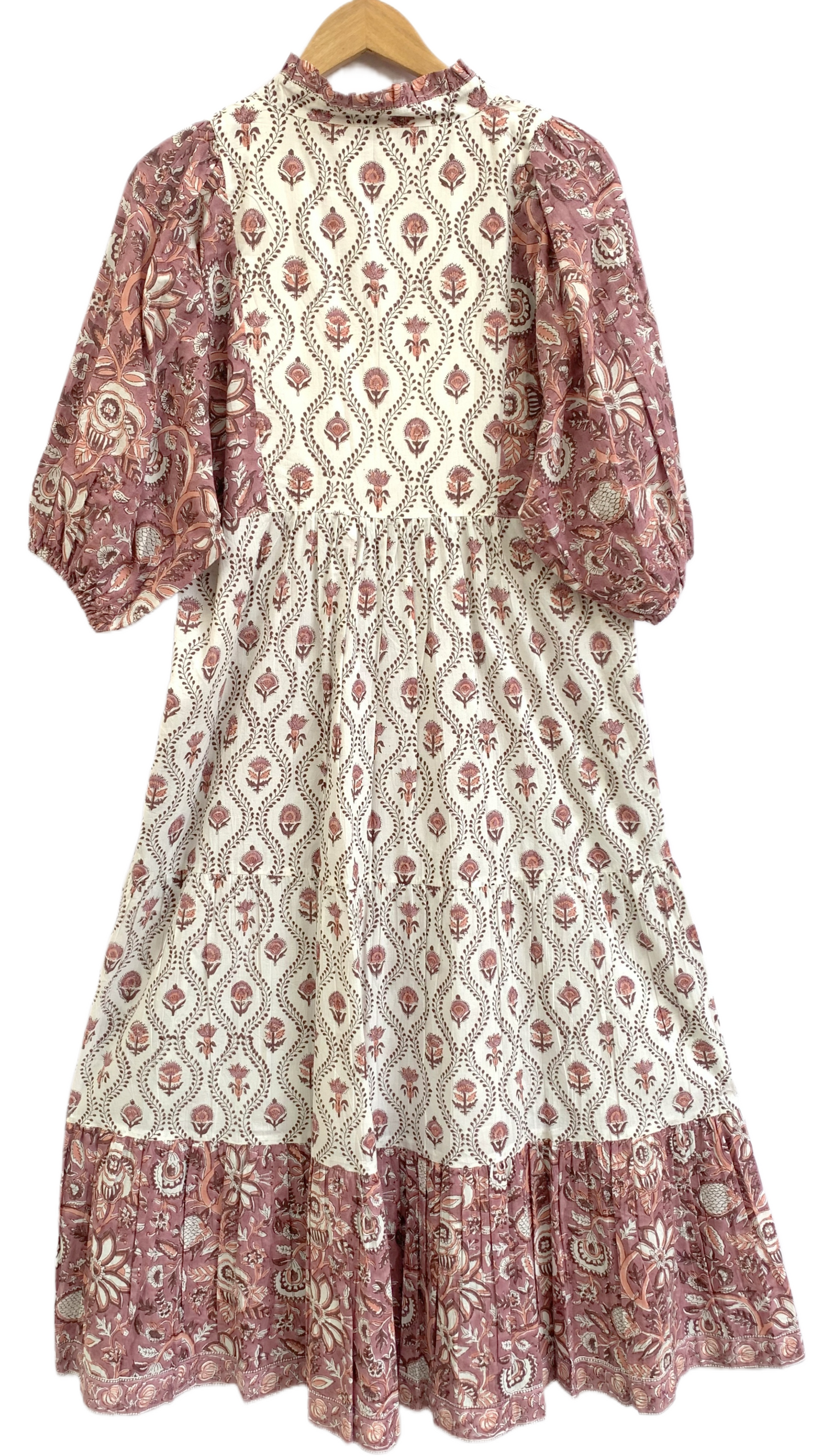 Cream & Dusty Rose Floral Hand Block Print Cotton Maxi Dress – Boho Indian Tiered Dress