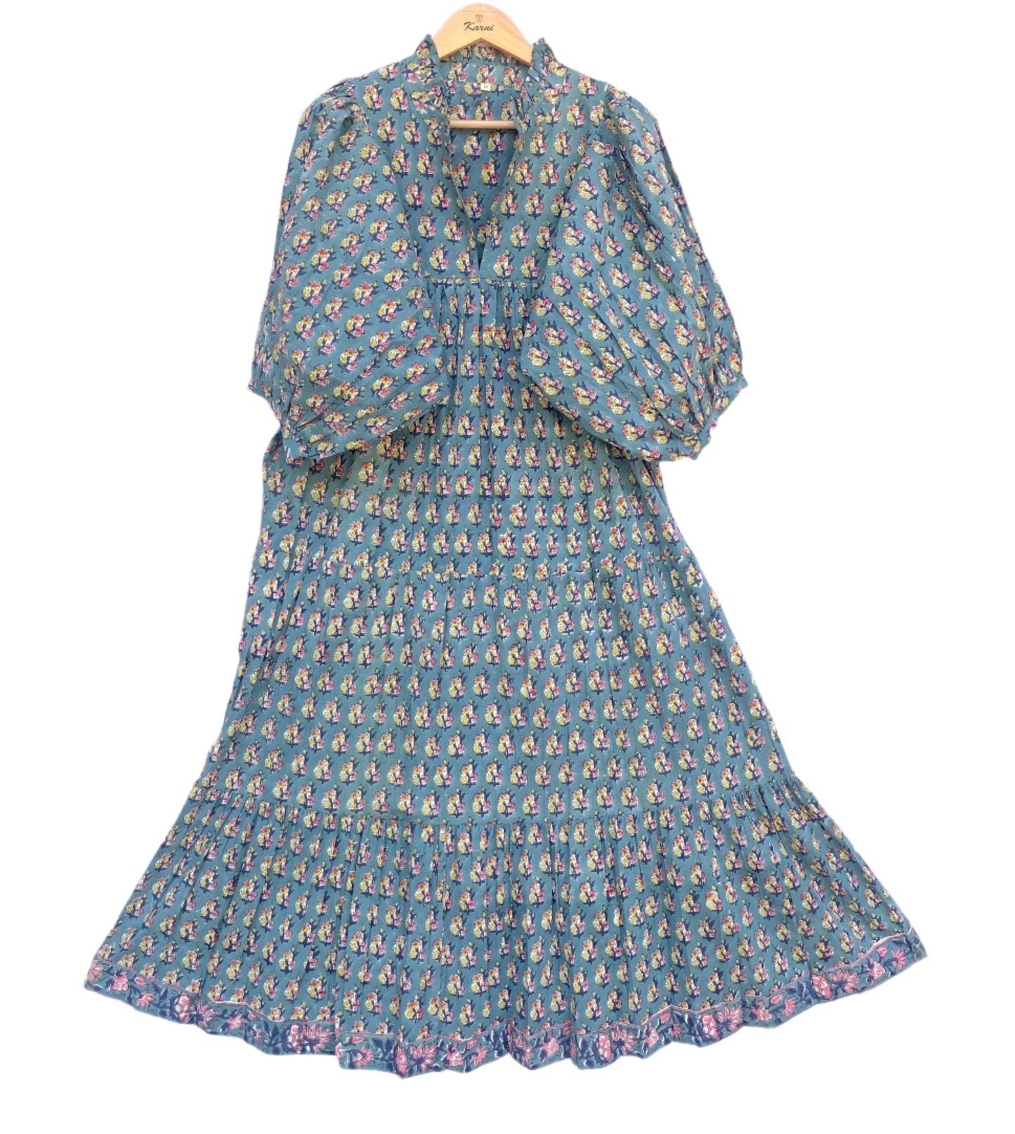 indian green yellow booty pattern block printed women's maxi dress