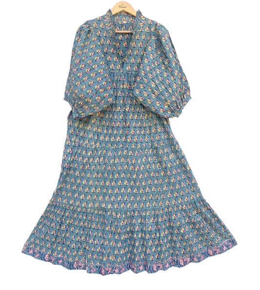 indian green yellow booty pattern block printed women's maxi dress