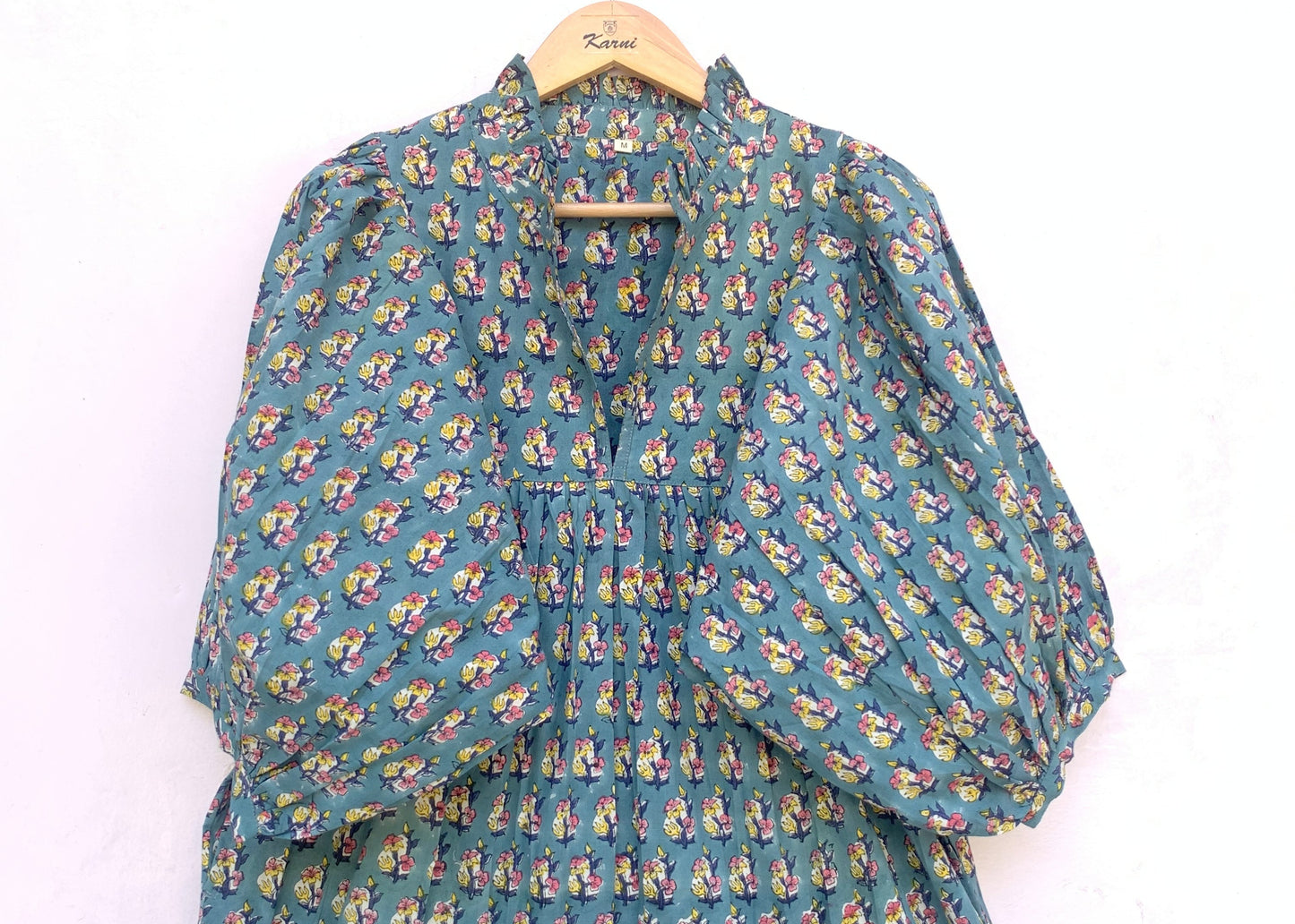 indian green yellow booty pattern block printed women's maxi dress
