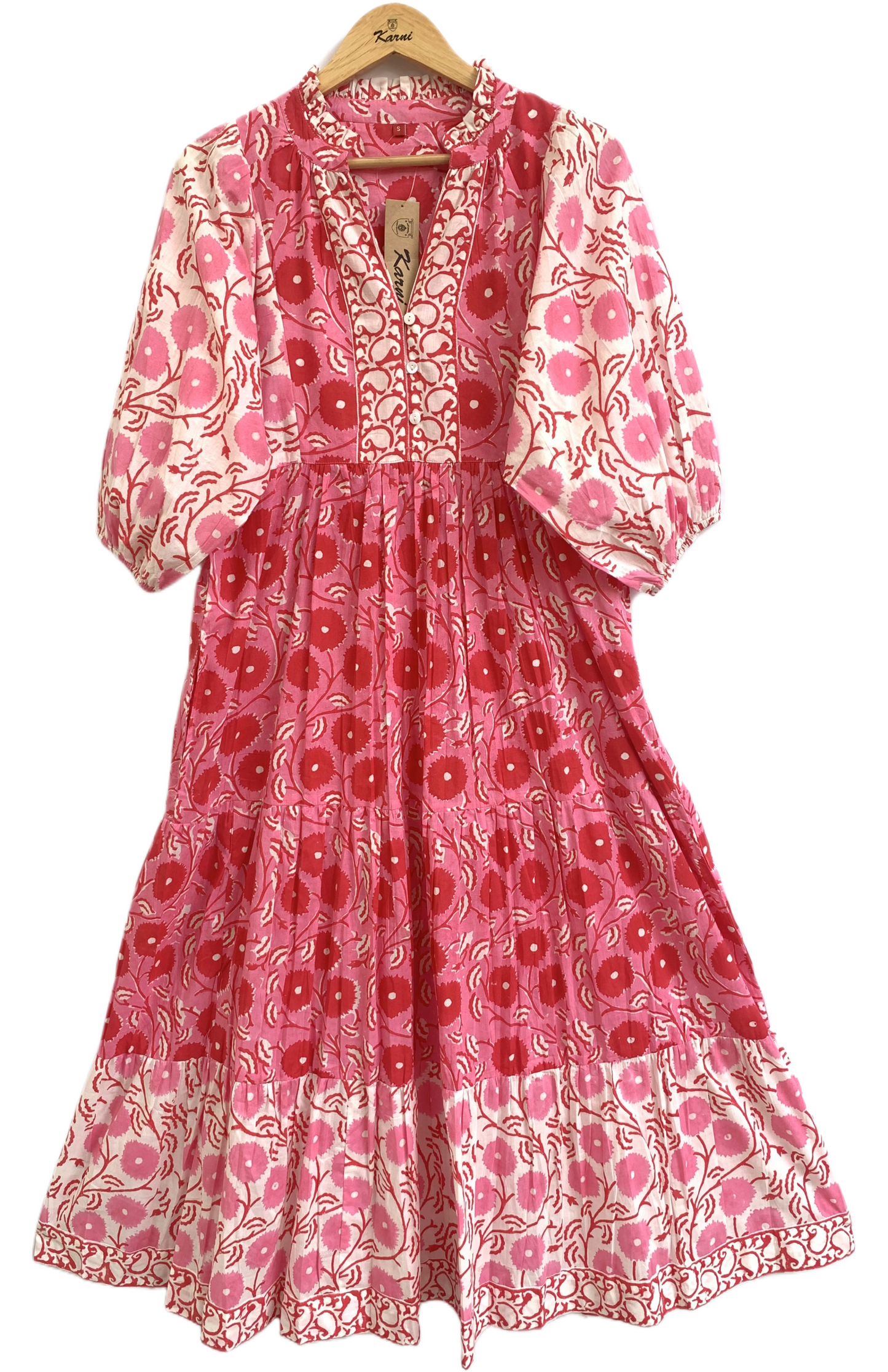 Pink & Red Floral Hand Block Print Cotton Maxi Dress – Indian Boho Tiered Dress