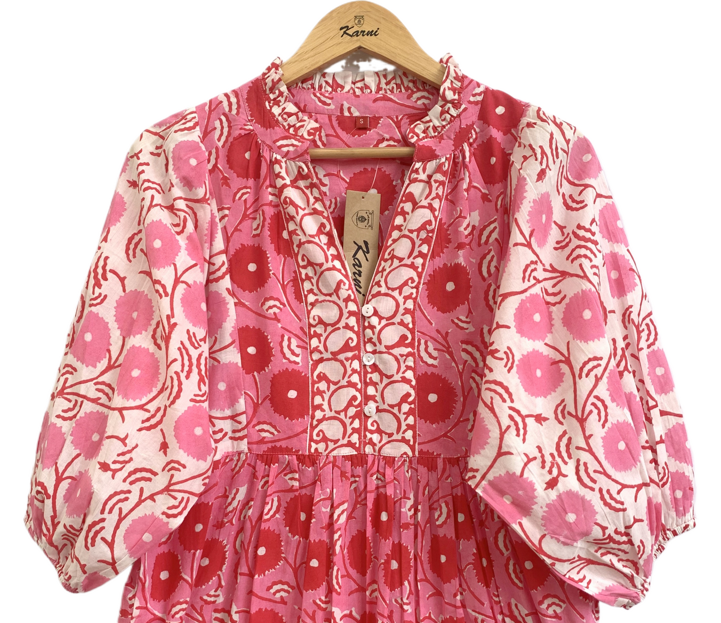 Pink & Red Floral Hand Block Print Cotton Maxi Dress – Indian Boho Tiered Dress