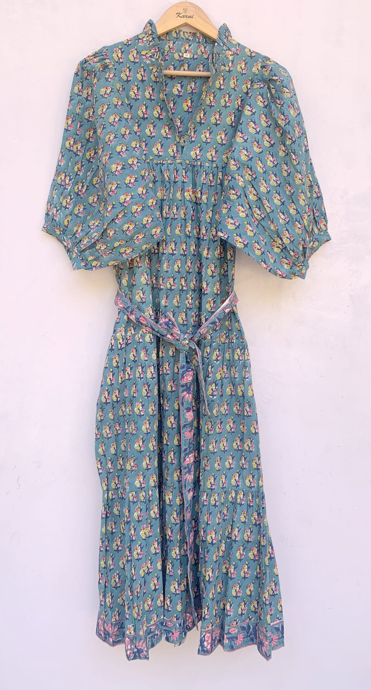 indian green yellow booty pattern block printed women's maxi dress