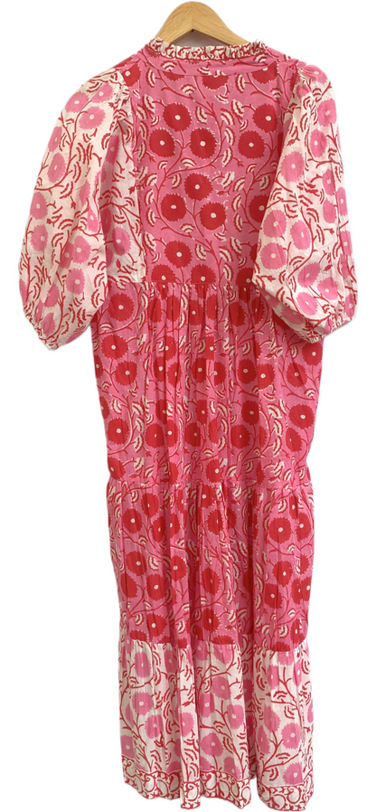 Pink & Red Floral Hand Block Print Cotton Maxi Dress – Indian Boho Tiered Dress