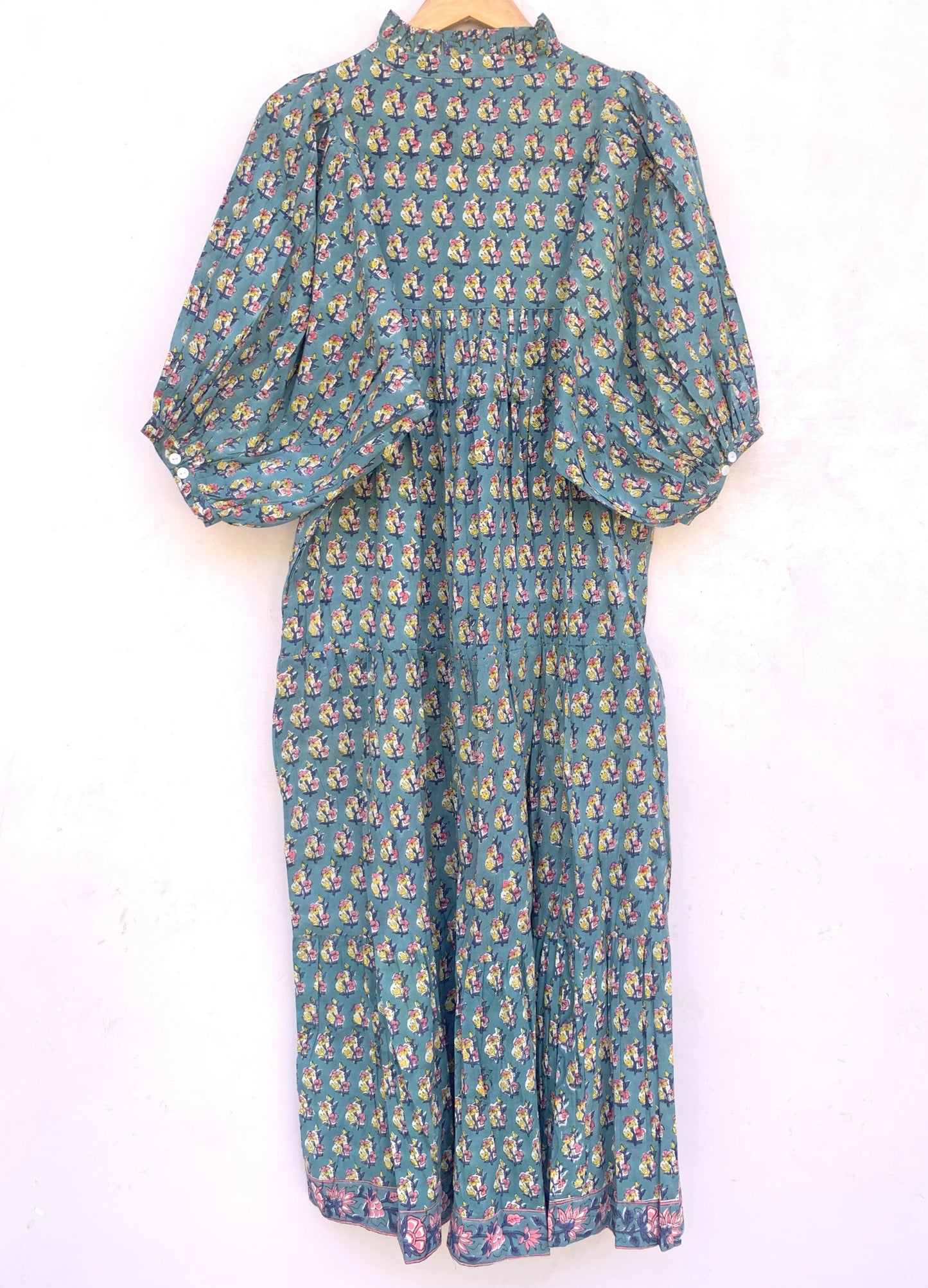 indian green yellow booty pattern block printed women's maxi dress