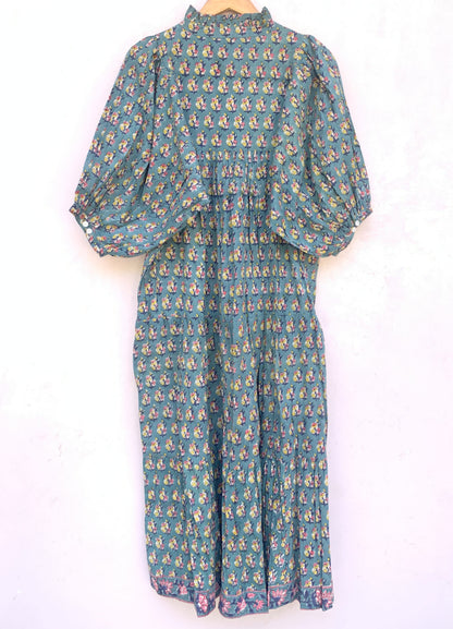indian green yellow booty pattern block printed women's maxi dress