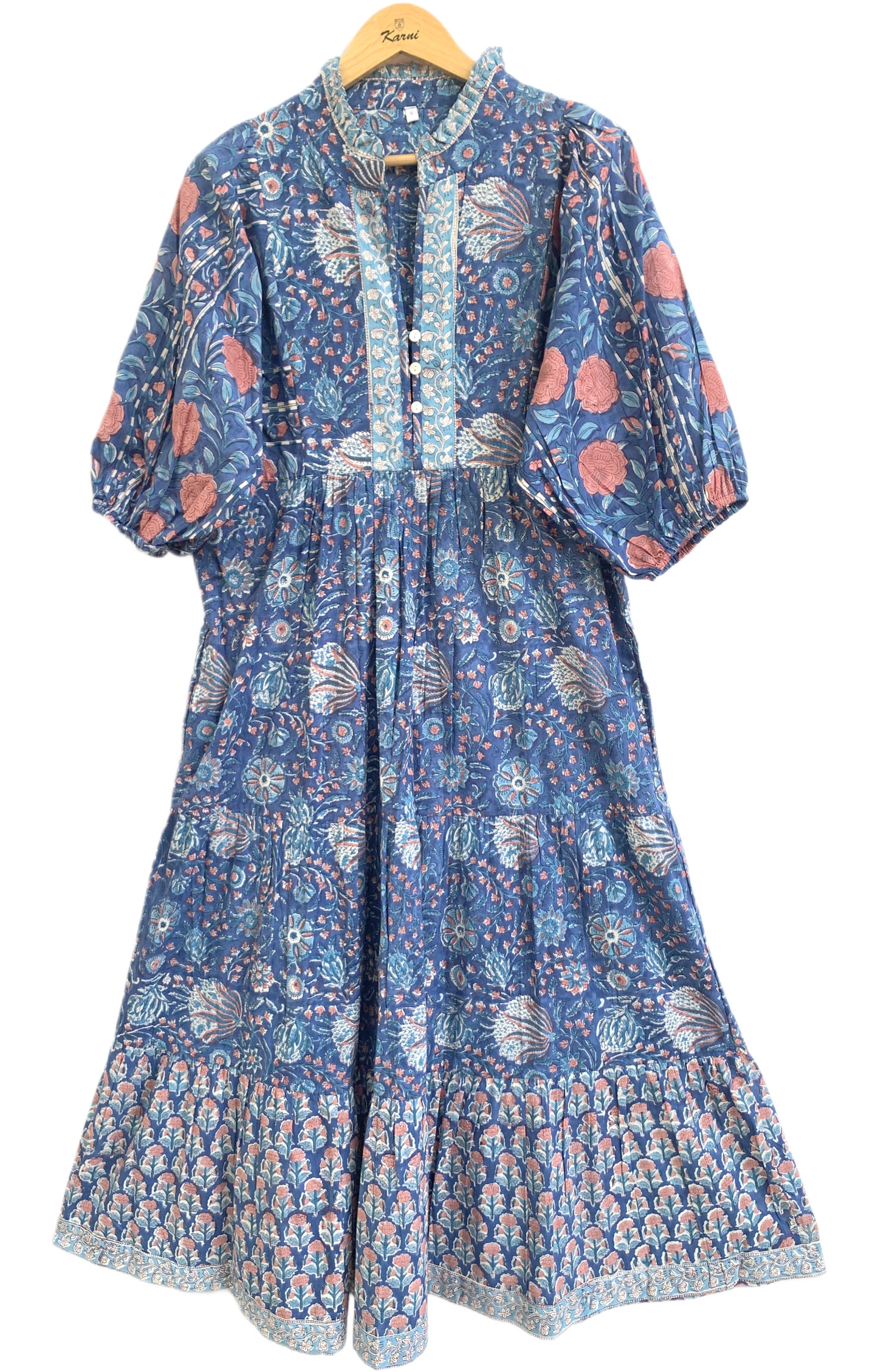 Blue Floral Hand Block Print Cotton Maxi Dress – Indian Boho Tiered Dress with Puff Sleeves