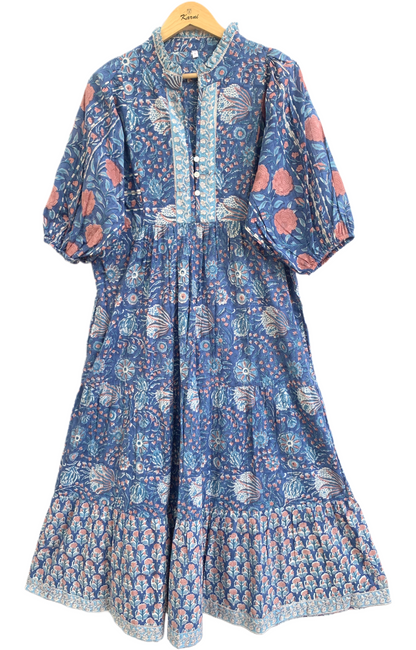Blue Floral Hand Block Print Cotton Maxi Dress – Indian Boho Tiered Dress with Puff Sleeves
