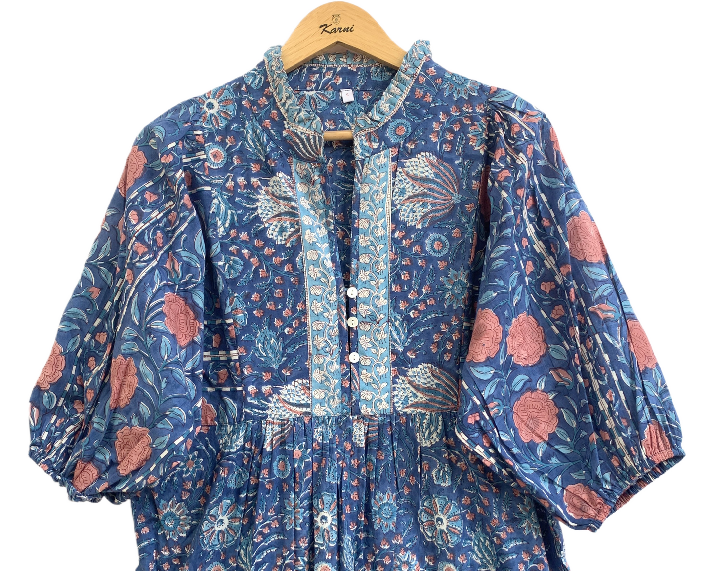 Blue Floral Hand Block Print Cotton Maxi Dress – Indian Boho Tiered Dress with Puff Sleeves