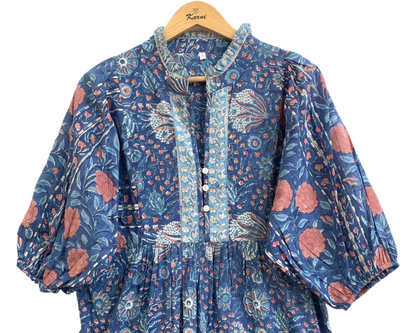 Blue Floral Hand Block Print Cotton Maxi Dress – Indian Boho Tiered Dress with Puff Sleeves