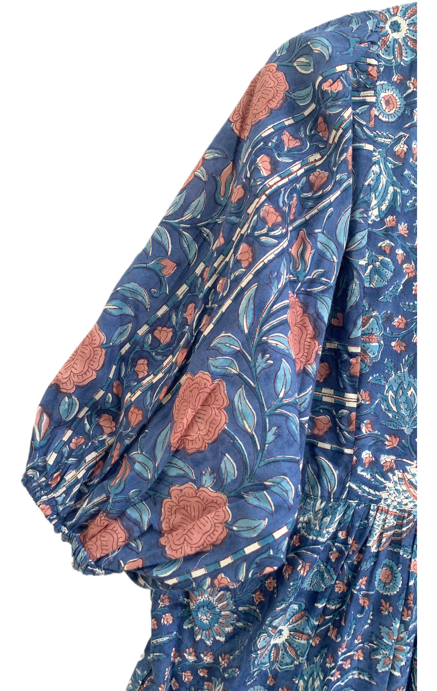 Blue Floral Hand Block Print Cotton Maxi Dress – Indian Boho Tiered Dress with Puff Sleeves