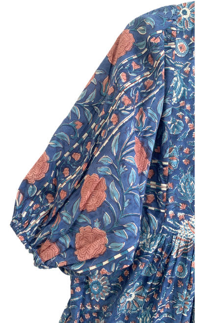 Blue Floral Hand Block Print Cotton Maxi Dress – Indian Boho Tiered Dress with Puff Sleeves