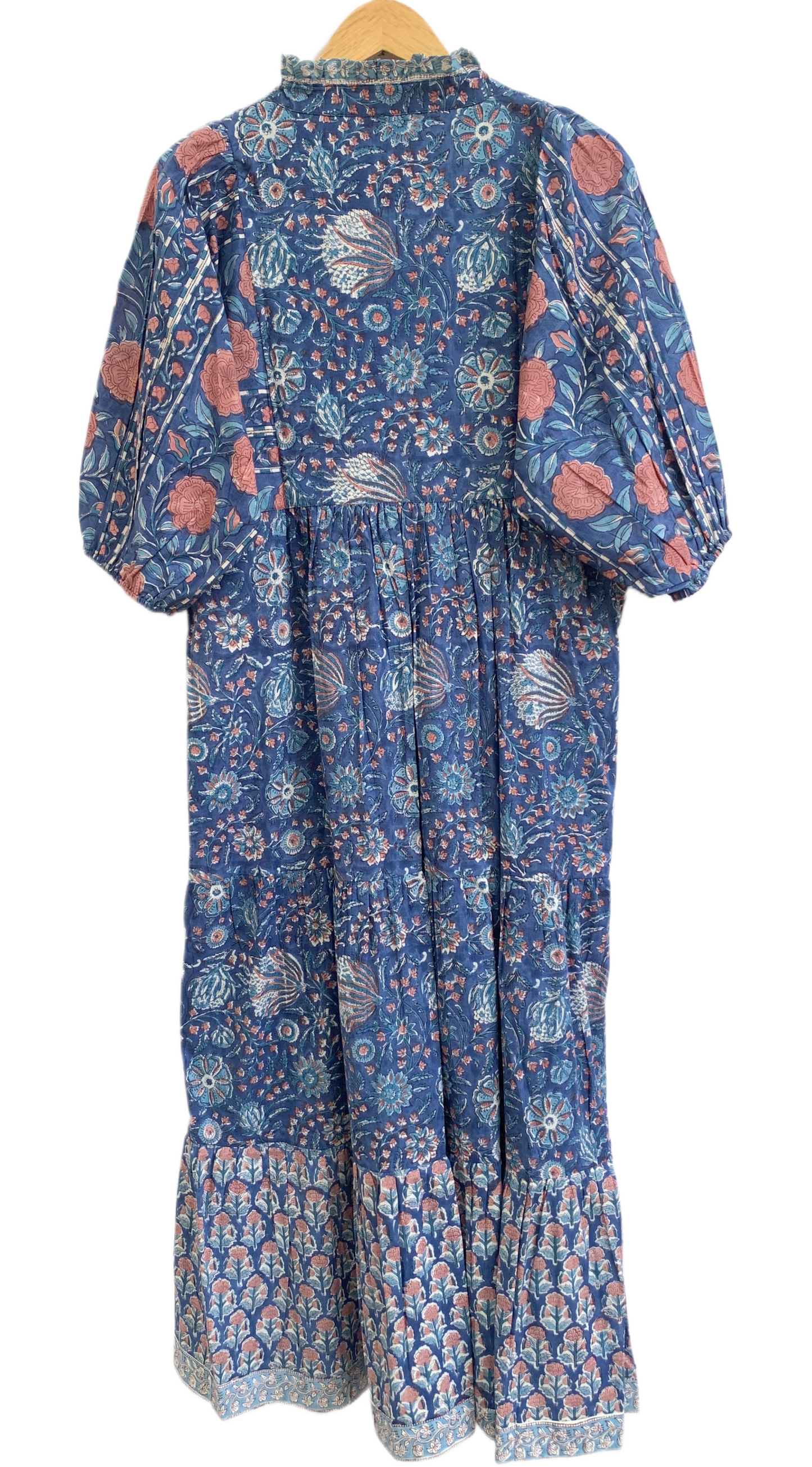 Blue Floral Hand Block Print Cotton Maxi Dress – Indian Boho Tiered Dress with Puff Sleeves