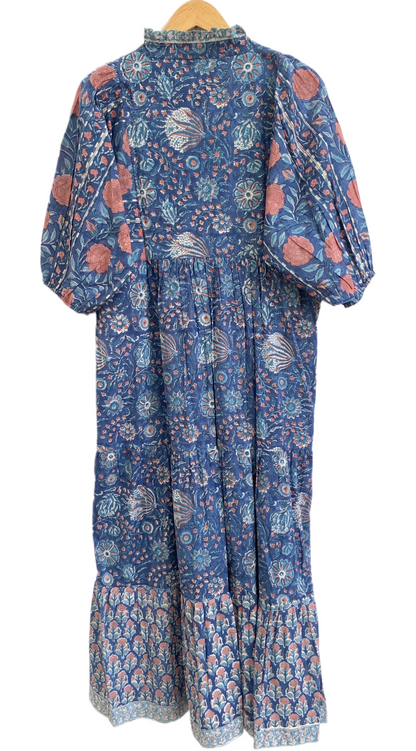 Blue Floral Hand Block Print Cotton Maxi Dress – Indian Boho Tiered Dress with Puff Sleeves