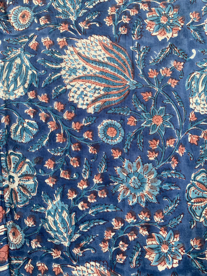 Blue Floral Hand Block Print Cotton Maxi Dress – Indian Boho Tiered Dress with Puff Sleeves