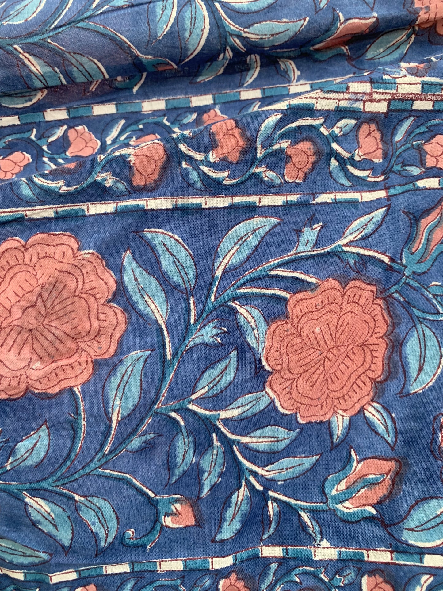 Blue Floral Hand Block Print Cotton Maxi Dress – Indian Boho Tiered Dress with Puff Sleeves