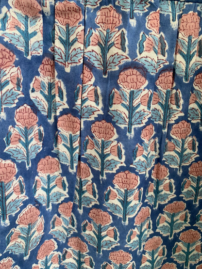 Blue Floral Hand Block Print Cotton Maxi Dress – Indian Boho Tiered Dress with Puff Sleeves