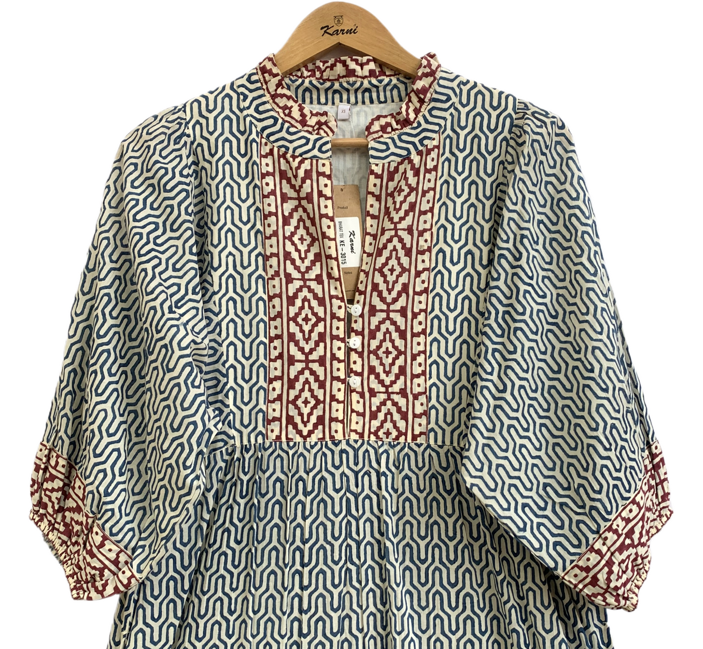 Indigo & Rust Geometric Block Print Cotton Maxi Dress – Indian Boho Tiered Dress